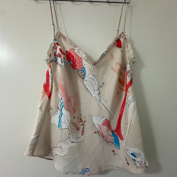 Aritzia Wilfred Ruffle Camisole Satin Lady Print Champagne/Cornflower - Picture 3 of 4